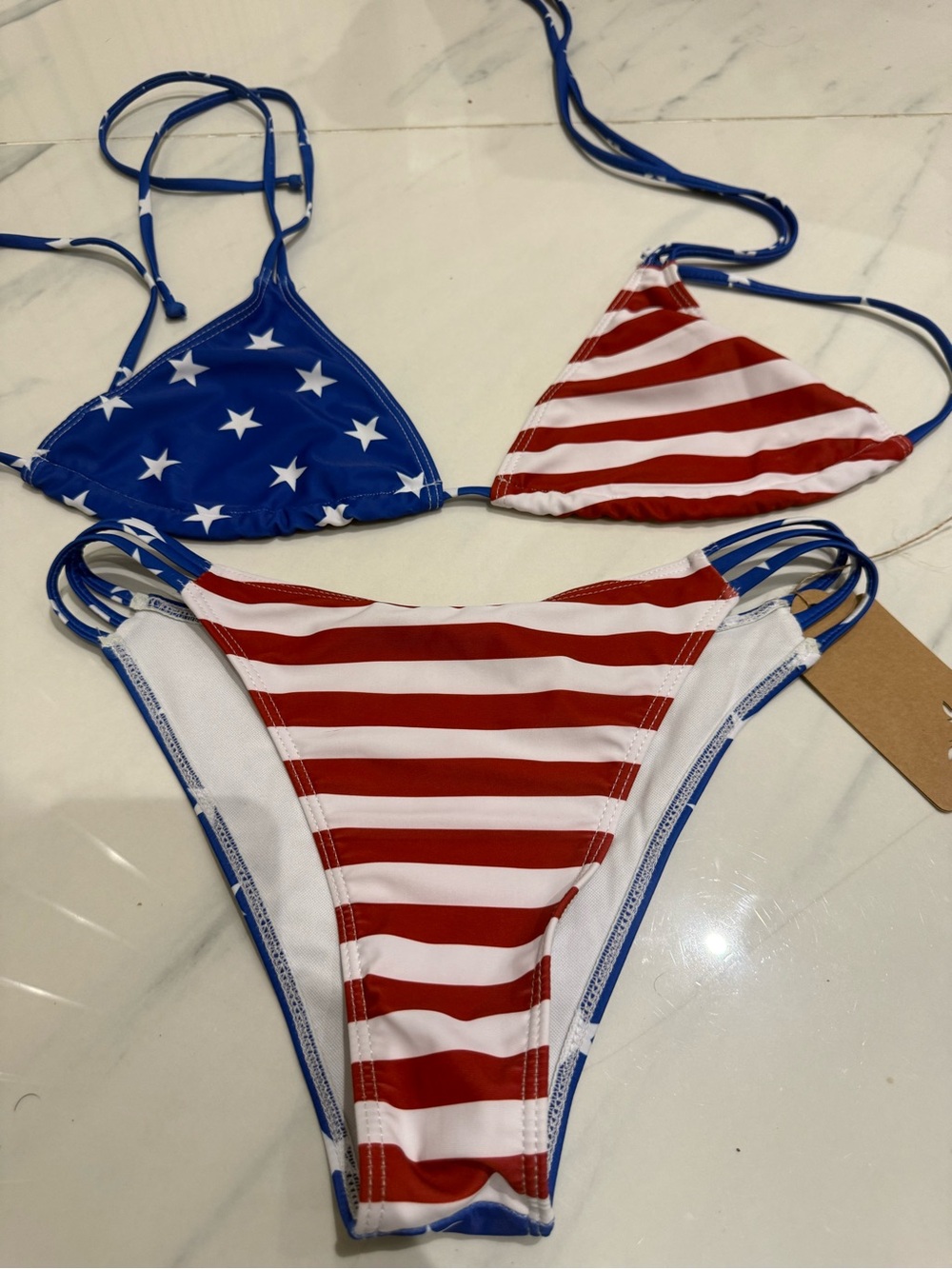 Source Unknown Red White and Blue American Flag Triangle Bikini